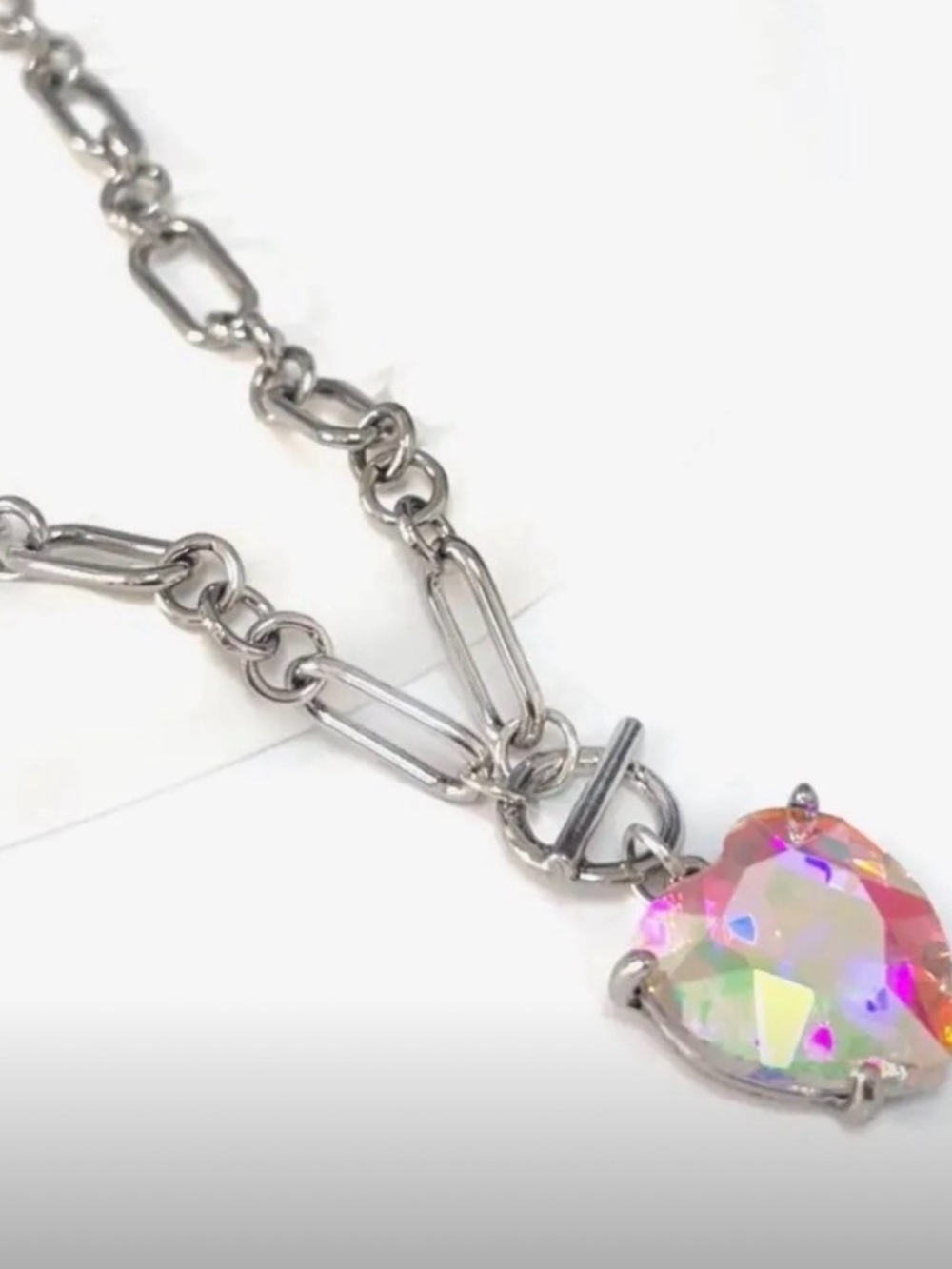 Source Unknown Silver Chain Necklace with Iridescent Pink Heart Pendant